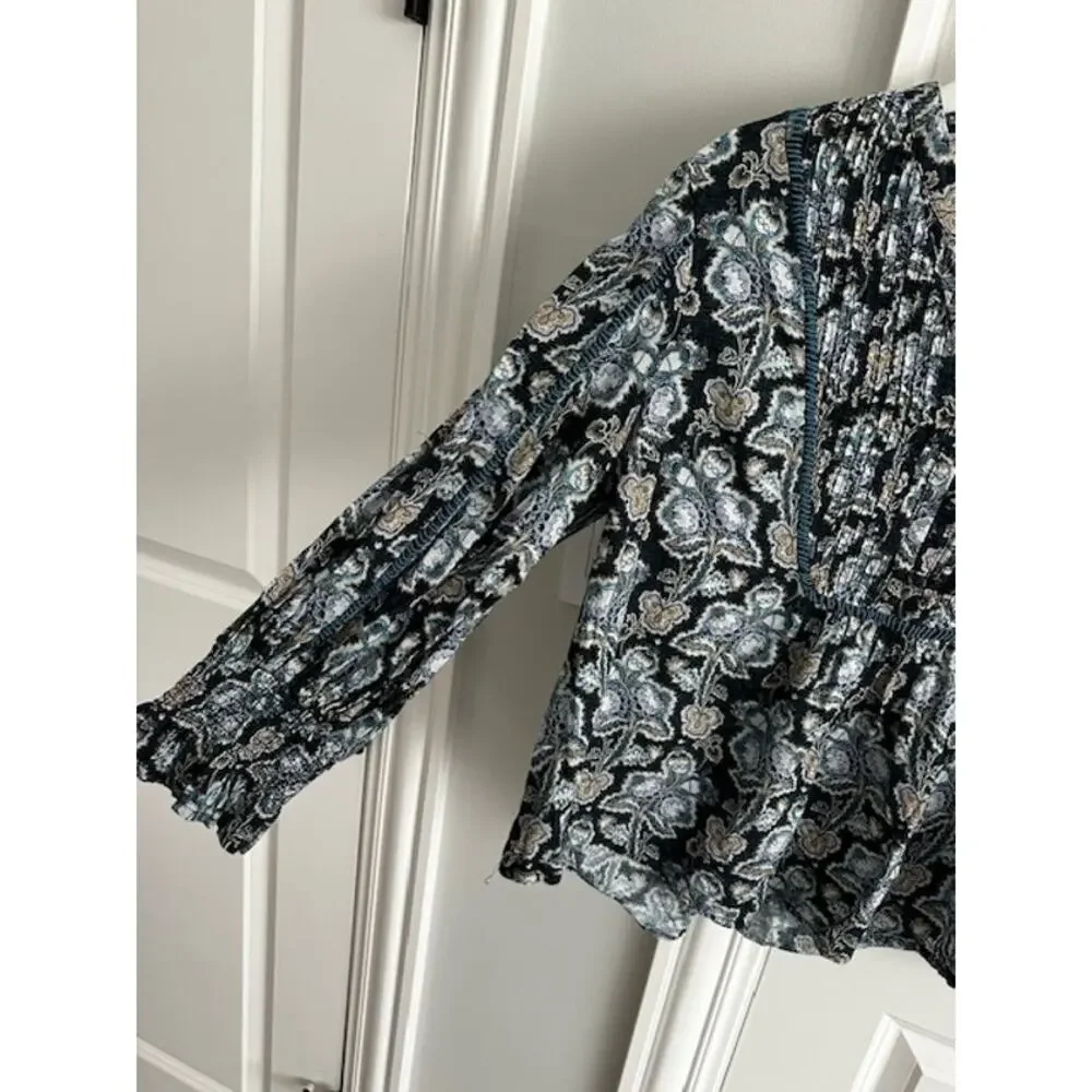 Anthropologie Floral Cotton Peasant Blouse Small Blue/Green - Picture 4 of 9